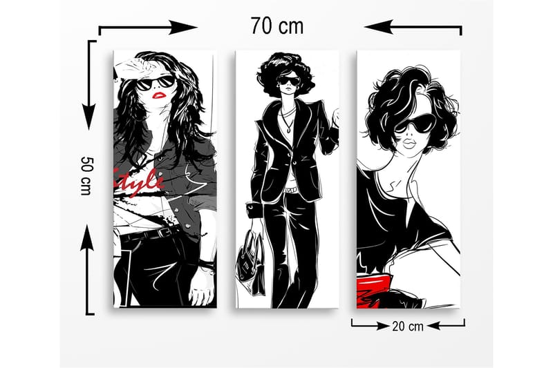 Canvastavla i trä 3-delar 50x70 cm - Stiliga kvinnor i modekläder med solglasögon - Svart / Röd / Vit - Inredning - Tavlor & posters - Canvastavla