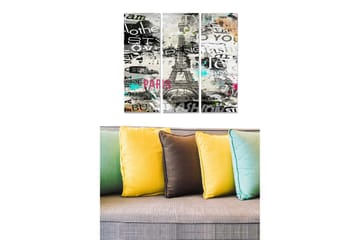 Canvastavla i trä 3-delar 50x70 cm - Stiliserad bild av Eiffeltornet med text och färgglada inslag - Svart / Grå / Rosa - Inredning - Tavlor & posters - Canvastavla
