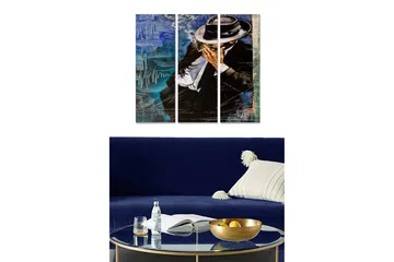 Canvastavla i trä 3-delar 50x70 cm - Stiliserad man med hatt som röker en cigarett - Mörkblå / Svart / Vit - Inredning - Tavlor & posters - Canvastavla