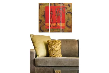 Canvastavla i trä 3-delar 50x70 cm - Stiliserad skulptur av två människor med palmer i en röd ram - Röd / Gul / Brun - Inredning - Tavlor & posters - Canvastavla
