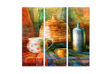 Canvastavla i trä 3-delar 50x70 cm - Stilleben med keramik och glasföremål - Orange / Grön / Blå - Inredning - Tavlor & posters - Canvastavla