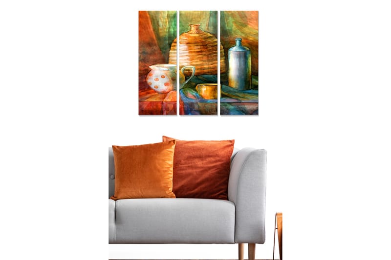Canvastavla i trä 3-delar 50x70 cm - Stilleben med keramik och glasföremål - Orange / Grön / Blå - Inredning - Tavlor & posters - Canvastavla