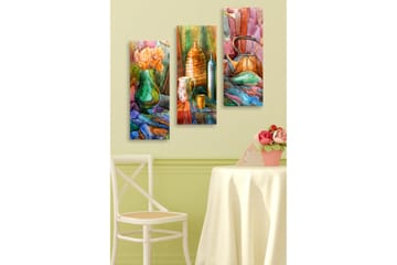Canvastavla i trä 3-delar 50x70 cm - Stillhet med blommor och keramikföremål i harmoniska färger - Grön / Orange / Blå - Inredning - Tavlor & posters - Canvastavla