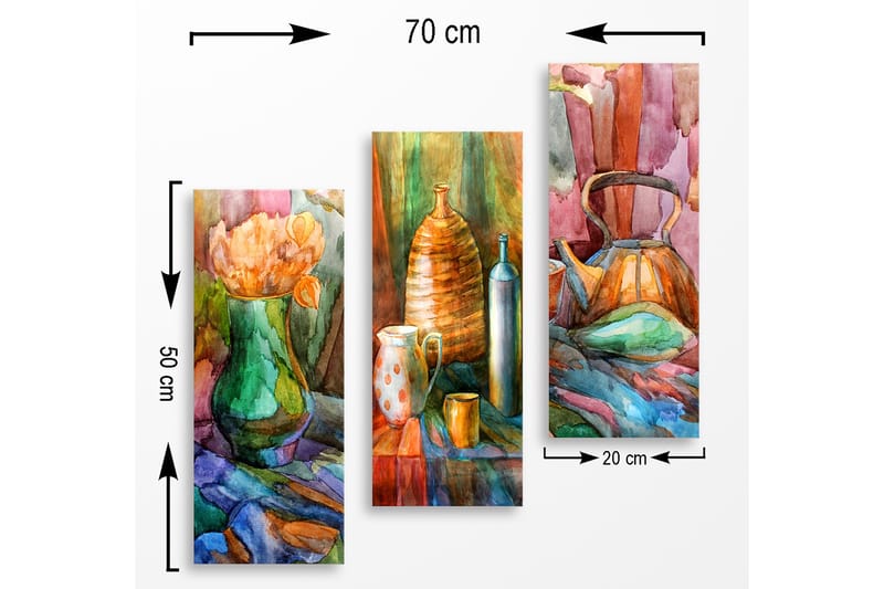 Canvastavla i trä 3-delar 50x70 cm - Stillhet med blommor och keramikföremål i harmoniska färger - Grön / Orange / Blå - Inredning - Tavlor & posters - Canvastavla