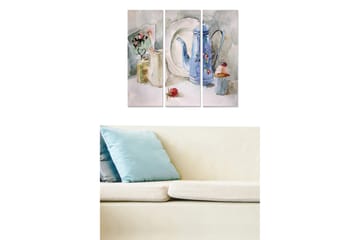 Canvastavla i trä 3-delar 50x70 cm - Stillhet med en blå kaffekanna och bakverk - Blå / Grön / Beige - Inredning - Tavlor & posters - Canvastavla