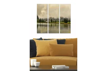 Canvastavla i trä 3-delar 50x70 cm - Stillhet vid sjön med reflekterande vattenytor och omgivande träd - Grön / Beige / Grå - Inredning - Tavlor & posters - Canvastavla