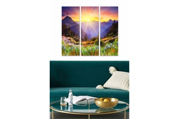 Canvastavla i trä 3-delar 50x70 cm - Storslagen berglandskap med soluppgång och blommor i förgrunden - Lila / Grön / Orange - Inredning - Tavlor & posters - Canvastavla