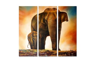 Canvastavla i trä 3-delar 50x70 cm - Storslagen elefant med kalv i en varm och dramatisk miljö - Brun / Orange / Beige - Inredning - Tavlor & posters - Canvastavla
