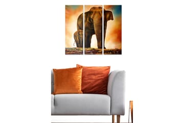 Canvastavla i trä 3-delar 50x70 cm - Storslagen elefant med kalv i en varm och dramatisk miljö - Brun / Orange / Beige - Inredning - Tavlor & posters - Canvastavla
