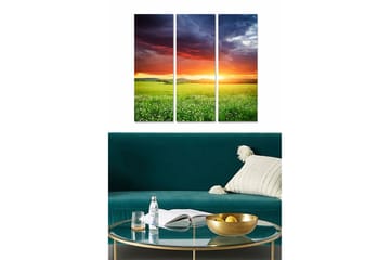 Canvastavla i trä 3-delar 50x70 cm - Storslagen solnedgång över en grön äng - Grön / Orange / Blå - Inredning - Tavlor & posters - Canvastavla