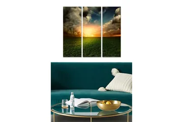 Canvastavla i trä 3-delar 50x70 cm - Storslagen solnedgång över ett öppet landskap - Grön / Orange / Blå - Inredning - Tavlor & posters - Canvastavla