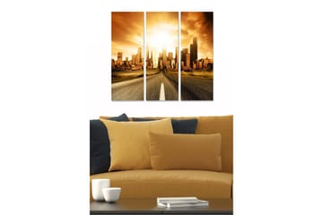 Canvastavla i trä 3-delar 50x70 cm - Storslagen stadsutsikt vid solnedgång - Guld / Brunt / Svart - Inredning - Tavlor & posters - Canvastavla