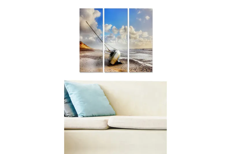 Canvastavla i trä 3-delar 50x70 cm - Strandlandskap med en strandad båt, Blå / Beige / Vit