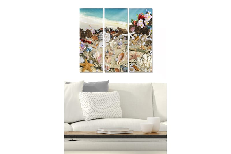 Canvastavla i trä 3-delar 50x70 cm - Strandmotiv med snäckor och blommor, Blå / Beige / Rosa