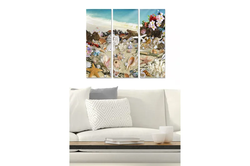 Canvastavla i trä 3-delar 50x70 cm - Strandmotiv med snäckor och blommor, Blå / Beige / Rosa