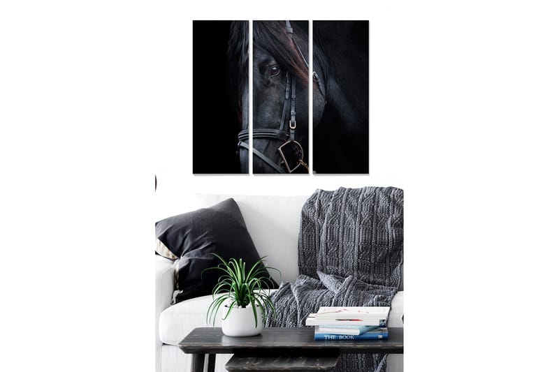 Canvastavla i trä 3-delar 50x70 cm - Svart hästporträtt med fokus på ögonen - Svart / Grå / Brun - Inredning - Tavlor & posters - Canvastavla