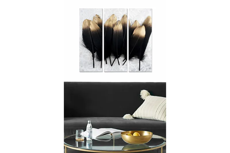 Canvastavla i trä 3-delar 50x70 cm - Svart och guld fjädrar i en elegant komposition - Svart / Guld - Inredning - Tavlor & posters - Canvastavla