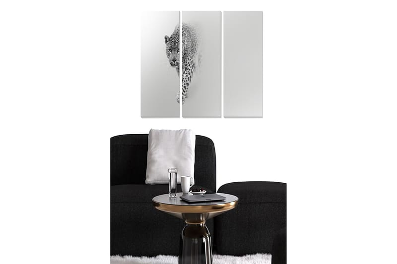 Canvastavla i trä 3-delar 50x70 cm - Svart och vit leopard i rörelse, Svart / Vit