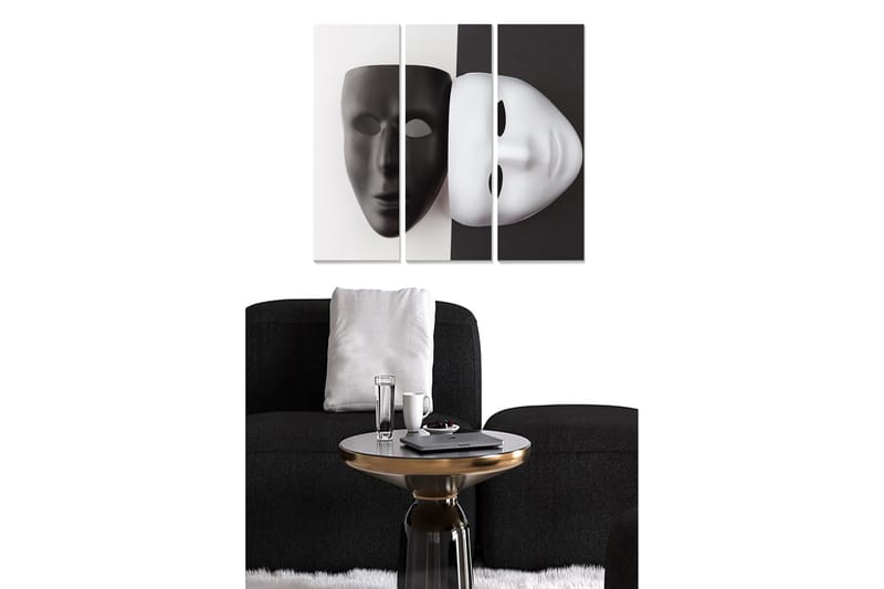 Canvastavla i trä 3-delar 50x70 cm - Svart och vit mask som symboliserar dualitet och identitet - Svart / Vit - Inredning - Tavlor & posters - Canvastavla