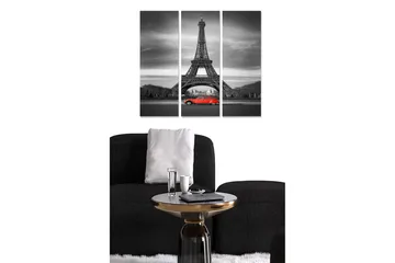 Canvastavla i trä 3-delar 50x70 cm - Svartvit bild av Eiffeltornet med en röd bil i förgrunden - Röd / Svart / Grå - Inredning - Tavlor & posters - Canvastavla