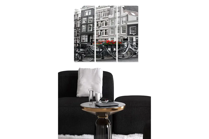 Canvastavla i trä 3-delar 50x70 cm - Svartvit stadsbild med cyklar och röda blommor, Svart / Röd / Vit