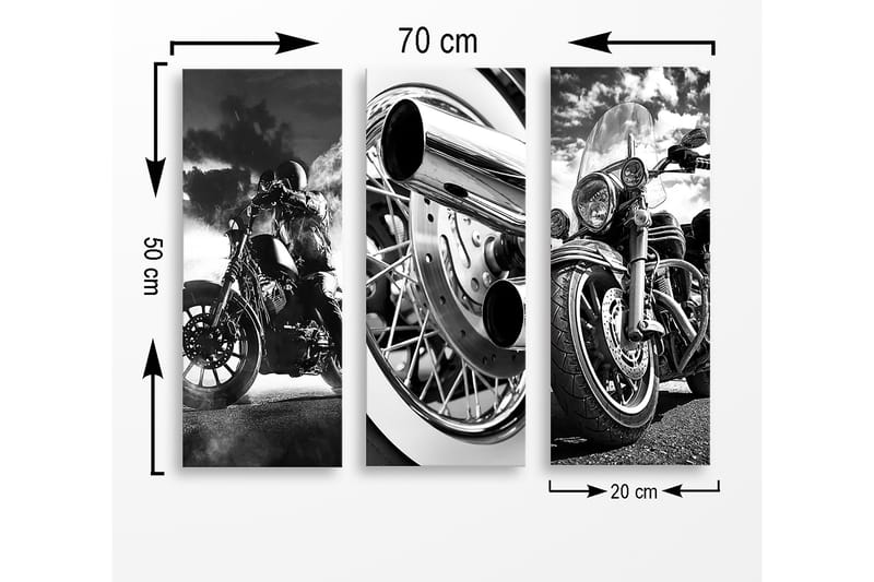 Canvastavla i trä 3-delar 50x70 cm - Svartvita motorcyklar i dynamisk komposition - Svart / Vitt / Grått - Inredning - Tavlor & posters - Canvastavla