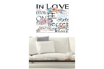 Canvastavla i trä 3-delar 50x70 cm - Textbaserad komposition med blommor och romantiska inslag - Rosa / Blå / Svart - Inredning - Tavlor & posters - Canvastavla
