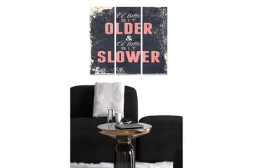 Canvastavla i trä 3-delar 50x70 cm - Textbaserat konstverk med humoristiskt budskap om ålder och livstempo - Mörkblå / Rosa / Beige - Inredning - Tavlor & posters - Canvastavla