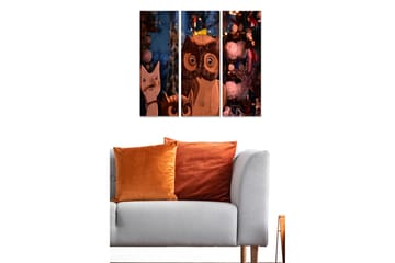 Canvastavla i trä 3-delar 50x70 cm - Träskulpturer av en katt och en uggla med stora ögon - Brun / Beige / Vit - Inredning - Tavlor & posters - Canvastavla