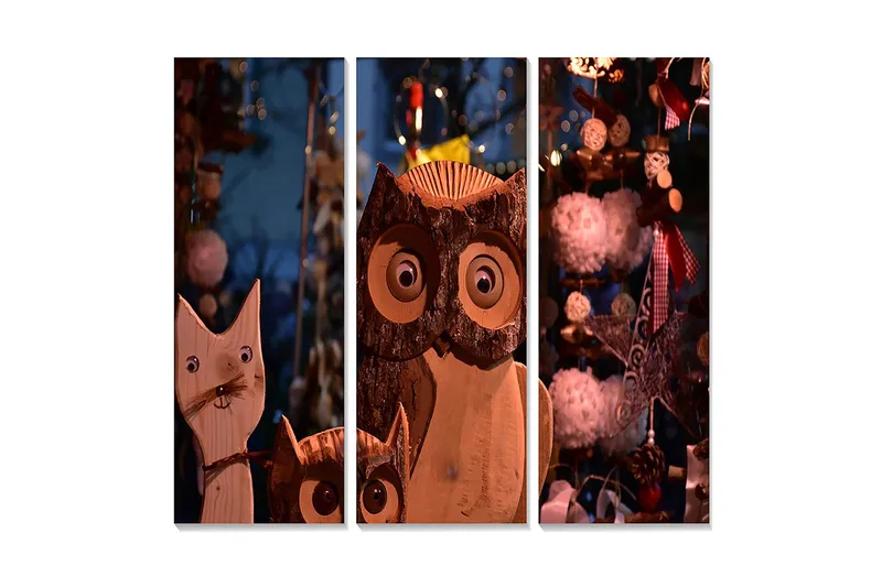 Canvastavla i trä 3-delar 50x70 cm - Träskulpturer av en katt och en uggla med stora ögon, Brun / Beige / Vit