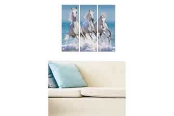 Canvastavla i trä 3-delar 50x70 cm - Tre vita hästar som galopperar genom vatten - Vit / Blå / Turkos - Inredning - Tavlor & posters - Canvastavla