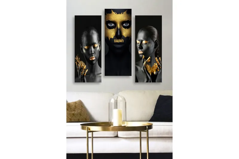 Canvastavla i trä 3-delar 50x70 cm - Tredelad porträttkomposition med ansikten i svart och guld, Svart / Guld