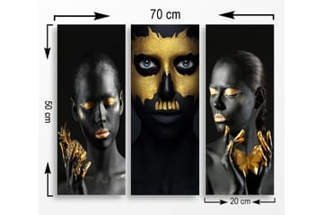 Canvastavla i trä 3-delar 50x70 cm - Tredelad porträttkomposition med ansikten i svart och guld - Svart / Guld - Inredning - Tavlor & posters - Canvastavla