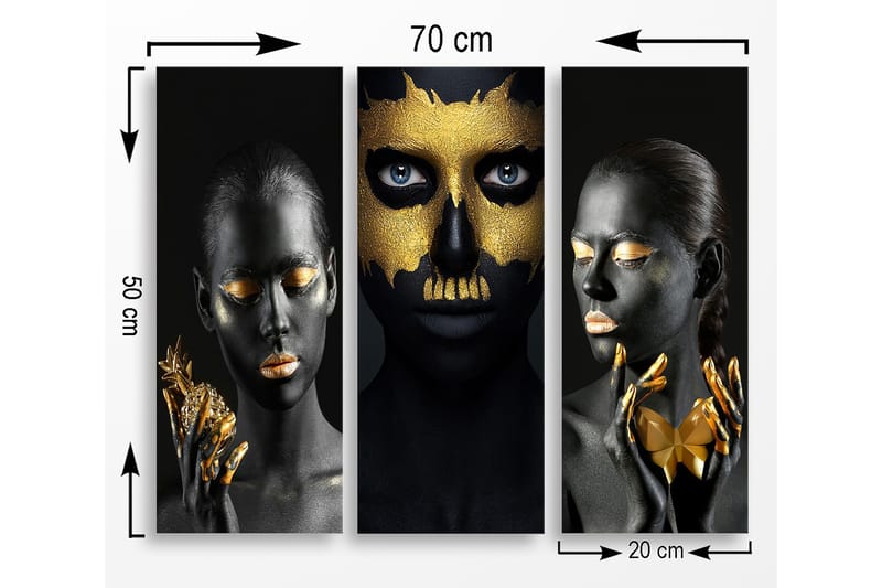 Canvastavla i trä 3-delar 50x70 cm - Tredelad porträttkomposition med ansikten i svart och guld - Svart / Guld - Inredning - Tavlor & posters - Canvastavla