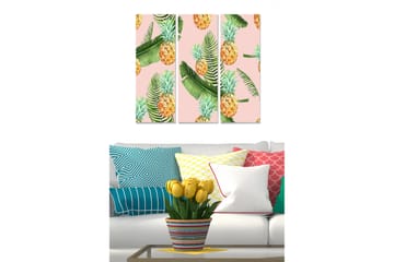 Canvastavla i trä 3-delar 50x70 cm - Tropisk komposition med ananas och gröna blad - Gul / Grön / Rosa - Inredning - Tavlor & posters - Canvastavla