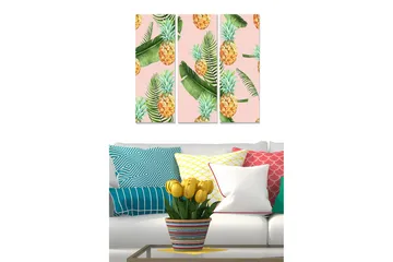 Canvastavla i trä 3-delar 50x70 cm - Tropisk komposition med ananas och gröna blad - Gul / Grön / Rosa - Inredning - Tavlor & posters - Canvastavla