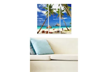 Canvastavla i trä 3-delar 50x70 cm - Tropisk strand med palmer och klarblå himmel - Blå / Grön / Beige - Inredning - Tavlor & posters - Canvastavla