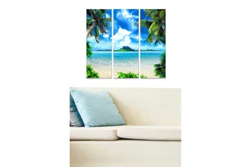 Canvastavla i trä 3-delar 50x70 cm - Tropisk strand med palmer och klarblå himmel - Blå / Grön / Beige - Inredning - Tavlor & posters - Canvastavla