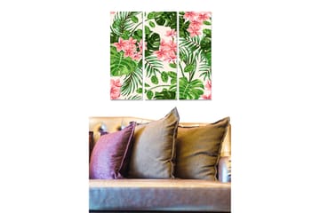 Canvastavla i trä 3-delar 50x70 cm - Tropisk växtkomposition med rosa blommor och gröna blad - Rosa / Grön - Inredning - Tavlor & posters - Canvastavla