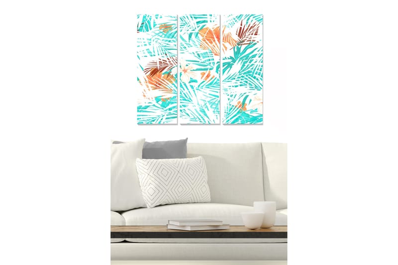 Canvastavla i trä 3-delar 50x70 cm - Tropisk palmkomposition med ljusa färger, Turkos / Orange / Vit