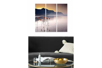 Canvastavla i trä 3-delar 50x70 cm - Tulpaner som växer på en spegelblanka strand vid solnedgången - Orange / Lila / Grå - Inredning - Tavlor & posters - Canvastavla