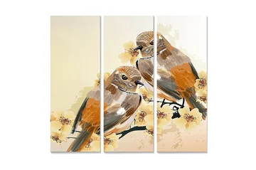 Canvastavla i trä 3-delar 50x70 cm - Två fåglar som sitter på en gren med blommor - Orange / Beige / Gul - Inredning - Tavlor & posters - Canvastavla