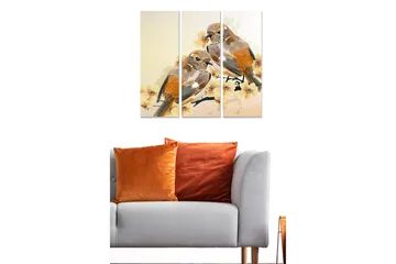 Canvastavla i trä 3-delar 50x70 cm - Två fåglar som sitter på en gren med blommor - Orange / Beige / Gul - Inredning - Tavlor & posters - Canvastavla