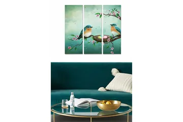 Canvastavla i trä 3-delar 50x70 cm - Två fåglar på en gren med blommor och ett fågelbo - Blå / Grön / Rosa - Inredning - Tavlor & posters - Canvastavla