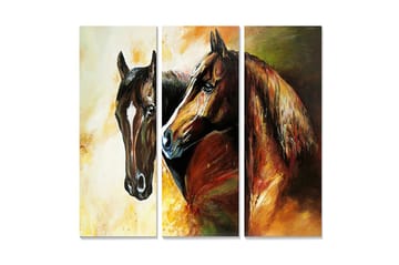 Canvastavla i trä 3-delar 50x70 cm - Två hästar i en intim och uttrycksfull komposition - Mörkbrun / Orange / Gul - Inredning - Tavlor & posters - Canvastavla