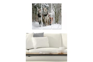 Canvastavla i trä 3-delar 50x70 cm - Två hästar i snölandskap med en släde - Vit / Grå / Brun - Inredning - Tavlor & posters - Canvastavla
