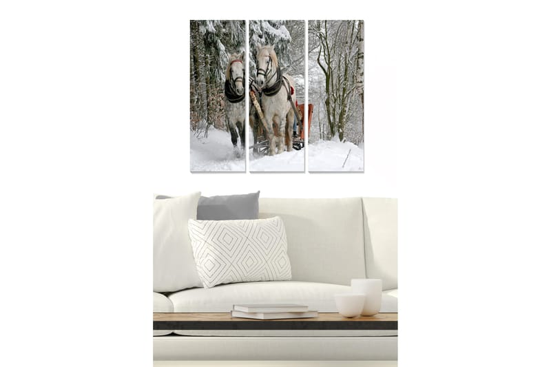 Canvastavla i trä 3-delar 50x70 cm - Två hästar i snölandskap med en släde, Vit / Grå / Brun