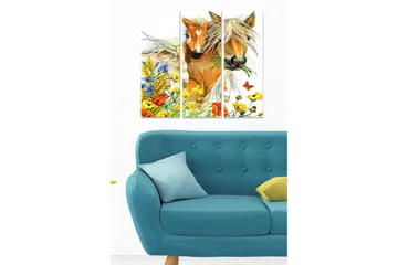 Canvastavla i trä 3-delar 50x70 cm - Två hästar omgivna av färgglada blommor och grönska - Gul / Grön / Blå - Inredning - Tavlor & posters - Canvastavla