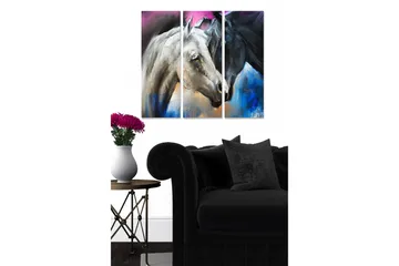 Canvastavla i trä 3-delar 50x70 cm - Två hästars ansikten i en dynamisk komposition - Svart / Vit / Blå - Inredning - Tavlor & posters - Canvastavla