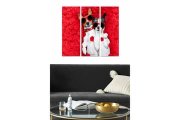 Canvastavla i trä 3-delar 50x70 cm - Två hundar med solglasögon omgivna av röda rosor - Röd / Vit - Inredning - Tavlor & posters - Canvastavla